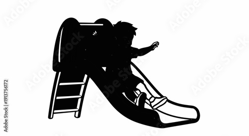 Black silhouette of a child sliding down a playground slide