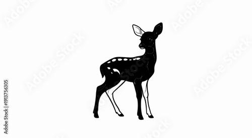 Black fawn with white spots stands elegantly against a white backdrop