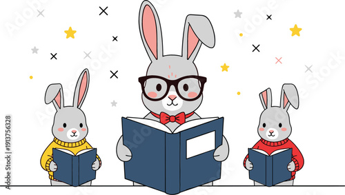 Cute cartoon rabbit family illustration with a large bunny wearing glasses reading books to two small rabbits in colorful sweaters and stars.