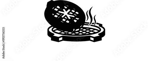 Black outline drawing of a waffle iron open and steaming