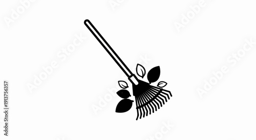 Black outline of a rake with fallen leaves against a white background