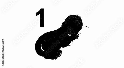 Black silhouette of a newborn baby sleeping with number one