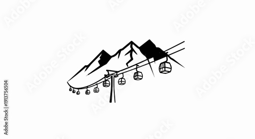 Black and white sketch of gondolas on a cable car line against mountains