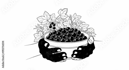 Blackcurrants in a bowl, held by two hands, with leaves