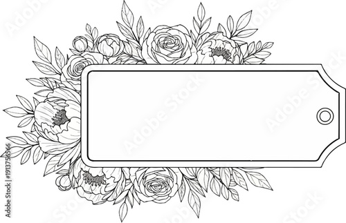 Blank tag framed by hand-drawn roses and leaves