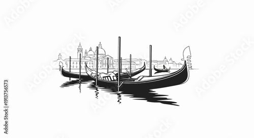 Black and white sketch of Venetian gondolas floating on water with buildings
