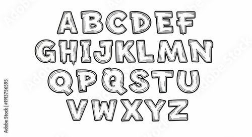 Black and white sketched alphabet letters, A to Z, with textured outlines