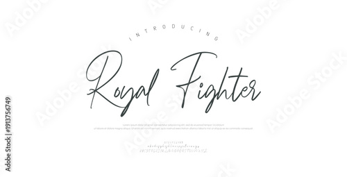 Royal Fighter, Script Font Uppercase Lowercase and Number. Classic Lettering Minimal Fashion Designs. Typography modern Serif fonts regular decorative vintage concept.
