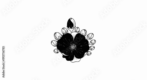 Black flower with petals and surrounding buds, linework drawing