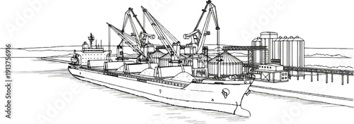 Bulk carrier ship at port with loading cranes and storage silos