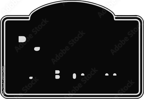 Black signage with white border and faint gray shapes on its surface