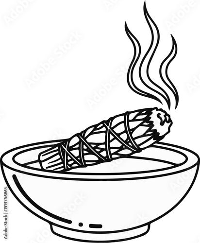 Burning sage bundle in a ceremonial bowl, smoke rising