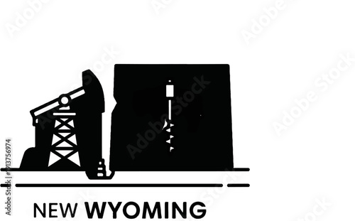 Black silhouette of an oil pumpjack and drill rig on a white background