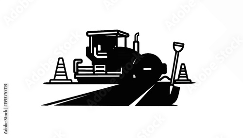 Black silhouette of road construction with a steamroller, shovel, and cones