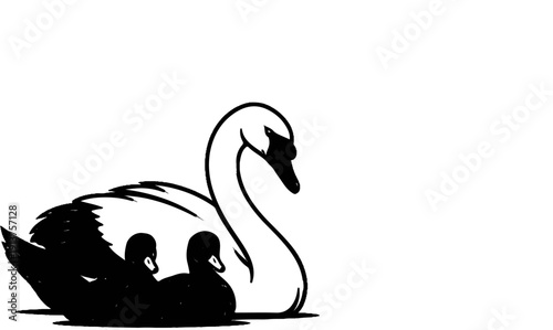 Black silhouette of two ducklings nestles beside a white swan