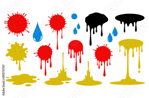 Colorful paint splash and liquid drip vector icon set