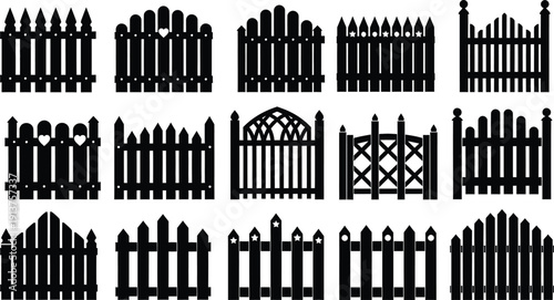 Various Black Silhouettes of Wooden Fences and Garden Gates on White Background