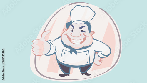 Cheerful cartoon chef giving thumbs up in kitchen badge smiling and happy