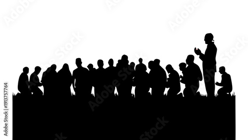 : Silhouette vector of a large crowd of people praying together in an open field at sunrise, spiritual and serene atmosphere.