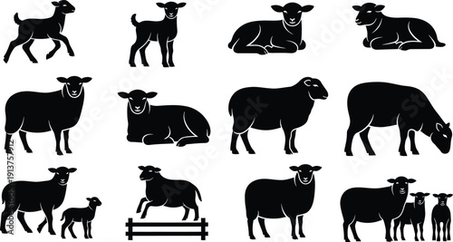 Diverse Sheep and Lamb Silhouettes  Various Poses and Groupings, Vector Icons