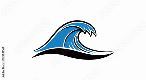 Blue wave cresting with black outline against white background
