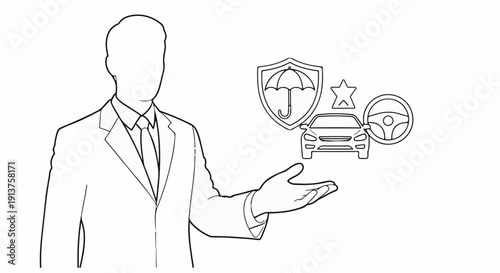 Businessman offering protection for car and driver, with insurance symbols
