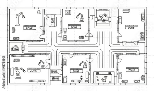 Blueprint of a factory floor plan with robotic arms and assembly lines