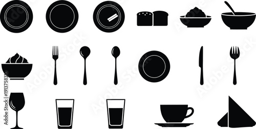 Collection of Black Silhouettes  Food, Drinks, Tableware Icons for Design