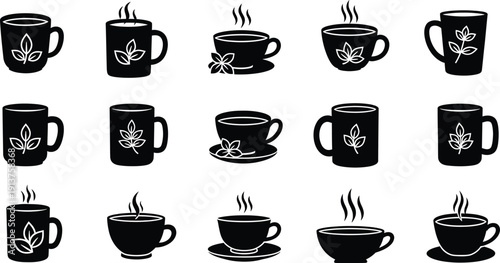 Collection of Black Silhouettes of Coffee and Tea Cups with Steam, Vector Icons Set