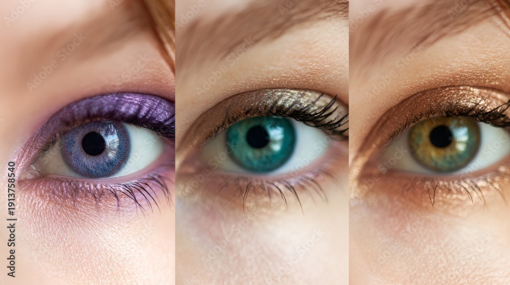 Naklejka premium Artistic beauty composition of three macro eye shots with vivid colors