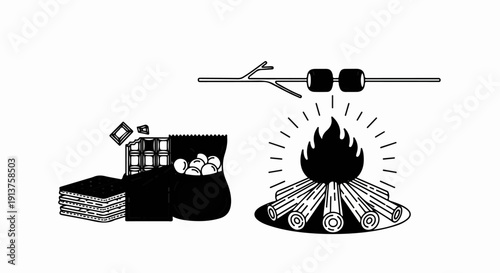 Campfire with ingredients for roasting marshmallows and making s'mores