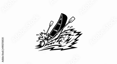 Canoe navigates rough rapids with splashing water and oars