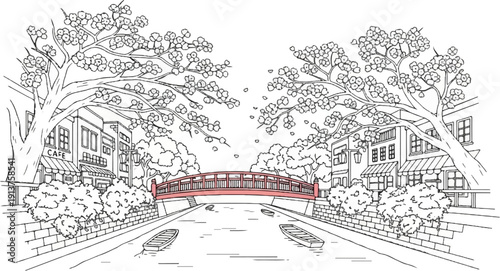 Canal scene with cherry blossoms, bridge, boats, and cafes