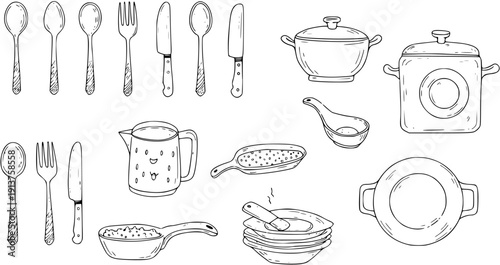 Kitchenware Doodle Set: Hand Drawn Cutlery, Cookware, and Serving Dishes Illustration
