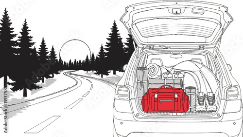 Car packed for adventure on a scenic road through pine forest