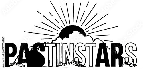 Bold text layered with a rising sun and clouds over grass