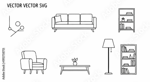 Modern living room furniture illustrations featuring sofa, armchair, coffee table, lamp, and bookshelves in a minimalist interior design setting