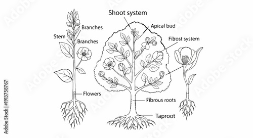 Botanical illustration showing plant anatomy stem, branches, flowers, roots, and buds