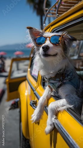 Dog wearing sunglasses in vintage car at beach