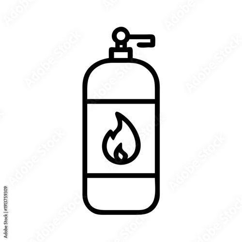 Simple black and white gas cylinder icon with flame symbol