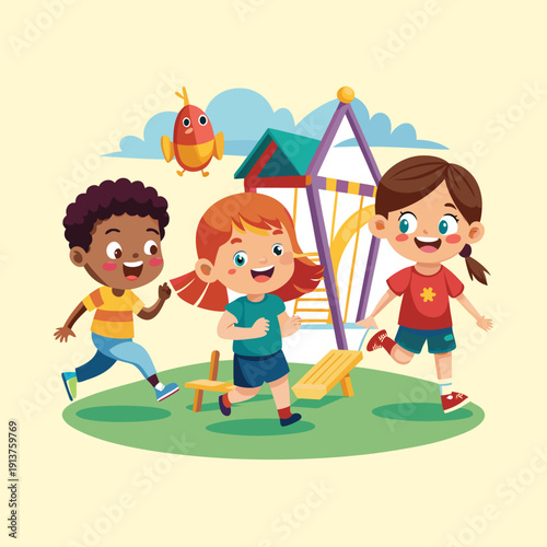 Happy Diverse Children Playing Outdoors in Cartoon Playground Vector Illustration
