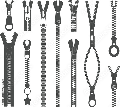 Zipper silhouette collection for clothing, garment accessory open and closed zip fastener tailor supply vector icon