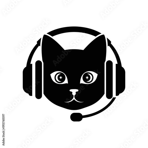 Black cat wearing headphones with microphone vector icon
