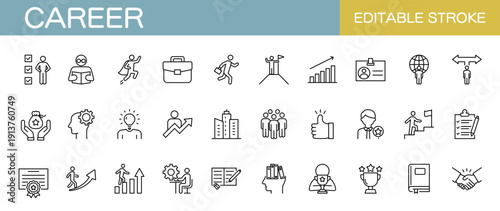 キャリアに関するラインアイコンセット　ビジネス・リーダーシップ・出世など（線幅変更可能）
