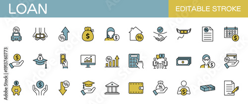 ローンに関するラインアイコンセット　不動産・自動車・教育・金利・借入金など（線幅変更可能・カラー）