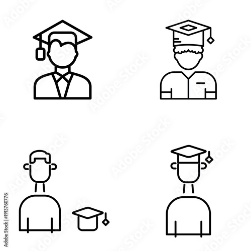 Academic Icons: A set of clean, minimalist line icons depicting figures in graduation attire, perfect for academic or educational projects.