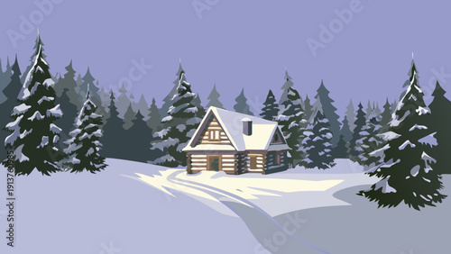 Cozy winter cabin nestled among snow covered pine trees on a serene snowy landscape with warm lighting