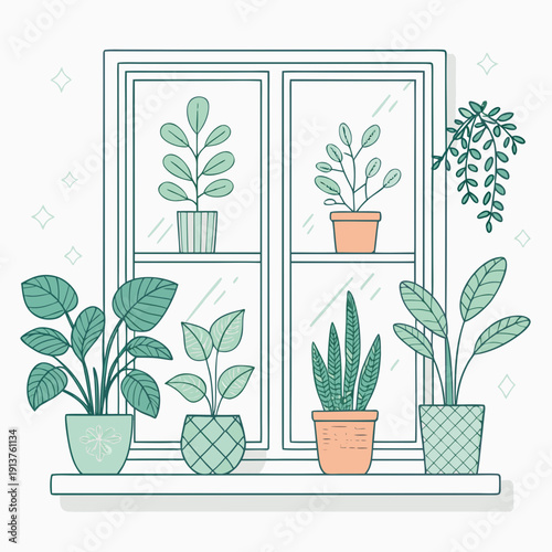 Potted plants on a windowsill viewed from the front, showcasing various houseplants in different pots and sizes, creating a serene indoor garden scene.