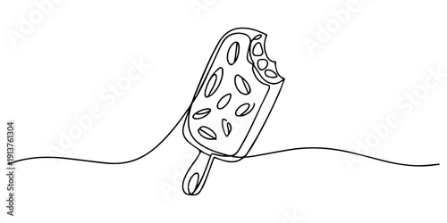 Bitten Ice Cream Bar with Chocolate Coating and Almonds continuous one line drawing, Minimalist line drawing of a bitten ice cream bar on a stick popsicle frozen treat, chocolate stick ice cream sketc