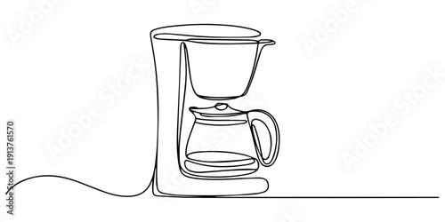 coffee maker with glass carafe continuous one line drawing, Minimalist continuous line art coffee maker with a glass carafe and control button is elegantly depicted in a clean, modern illustration pro